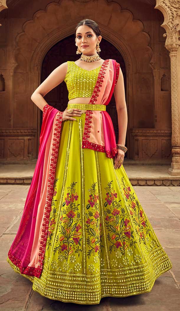 Alluring Flourecent Green Color Georgette Thread Embroidery Work Function Wear Lehenga Choli -4913158524