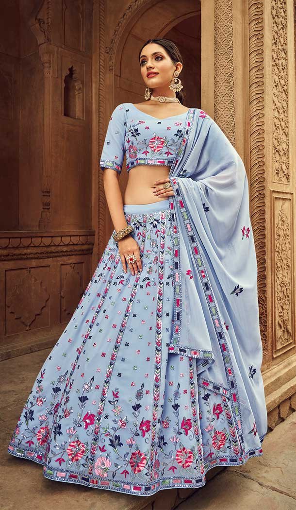 Chic Sky Color Georgette Thread Embroidery Work Function Wear Lehenga Choli -4913158526