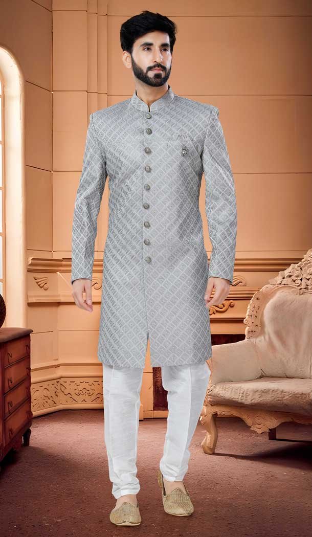 Grey Color Sequins Work Silk Wedding Wear Readymade Men's Indo Western -4921158587