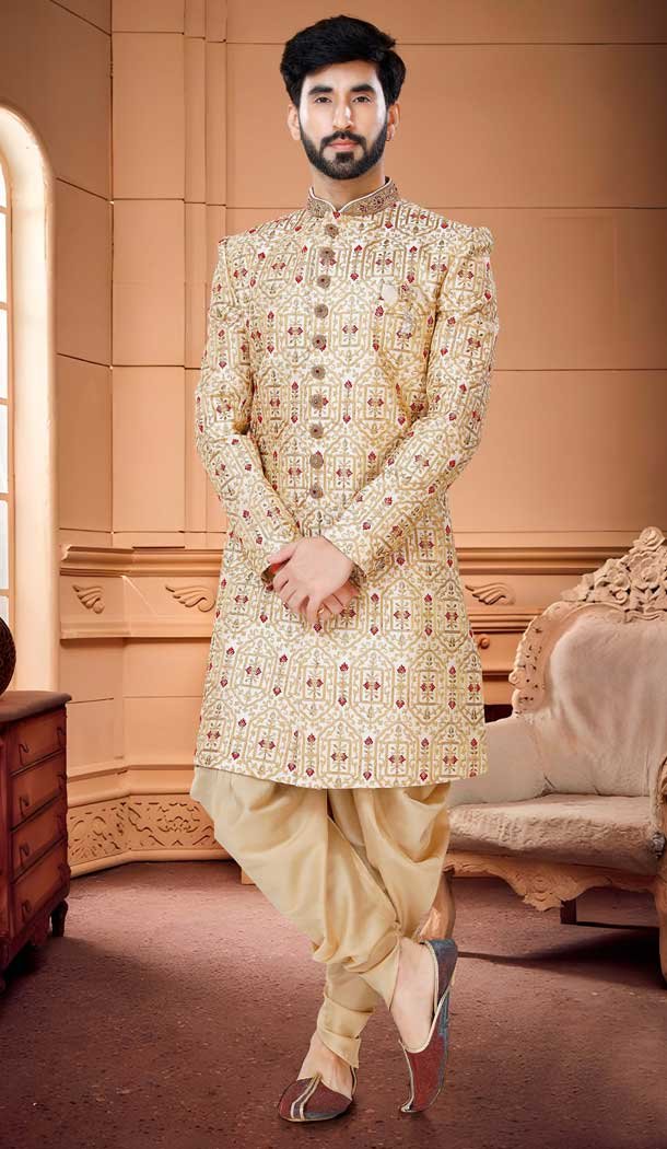 Sequins Work Gold Color Silk Wedding Wear Readymade Men's Indo Western -4921158591