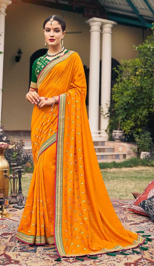 Mustard Color Vichitra Silk Embroidered And Stone Work Traditional Wear Saree Saree -4950158785