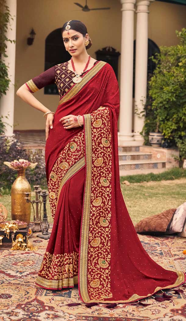 Maroon Color Vichitra Silk Embroidered And Stone Work Traditional Wear Saree Saree -4950158789