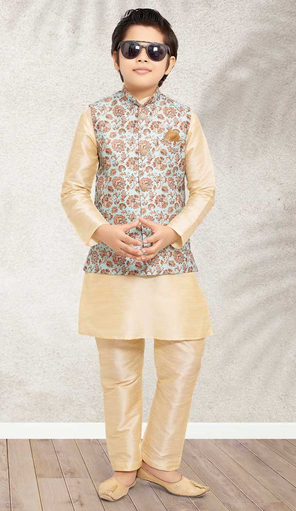 Cream Color Banarasi Silk Digital Print Work Festive Wear Kids Kurta Pajama -4963158870