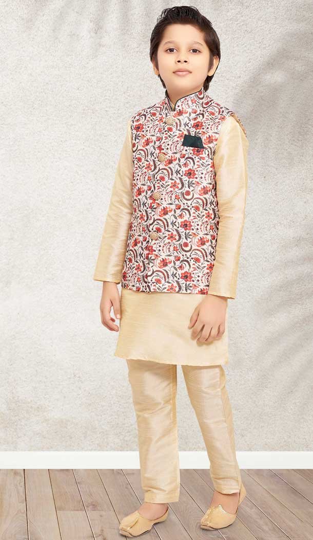 Banarasi Silk Cream Color Digital Print Work Festive Wear Kids Kurta Pajama -4963158871