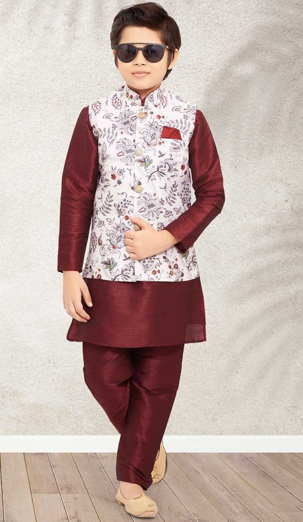 Banarasi Silk Maroon Color Digital Print Work Festive Wear Kids Kurta Pajama -4963158874