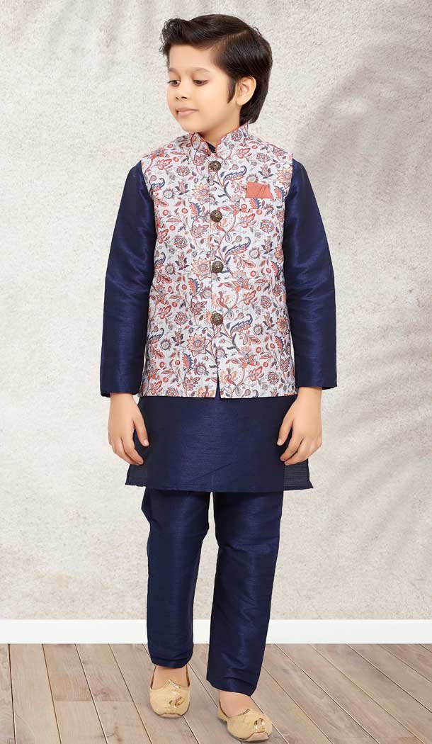 Banarasi Silk Navy Blue Color Digital Print Work Festive Wear Kids Kurta Pajama -4963158878