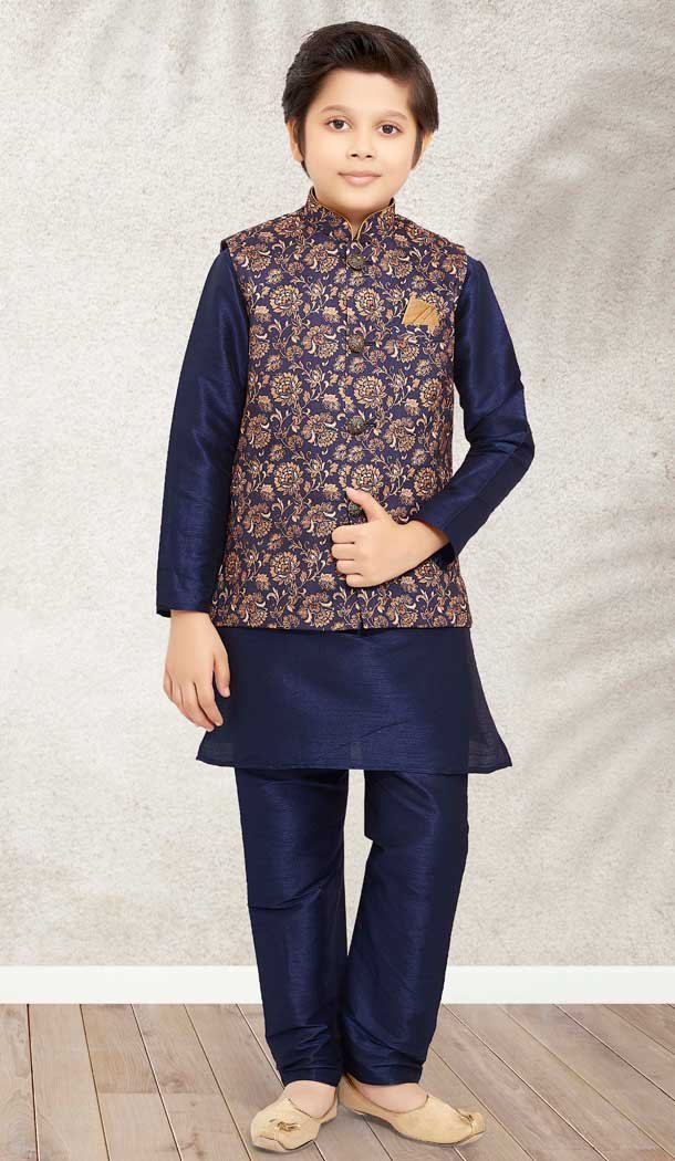 Festive Wear Navy Blue Color Banarasi Silk Digital Print Work Kids Kurta Pajama -4963158880