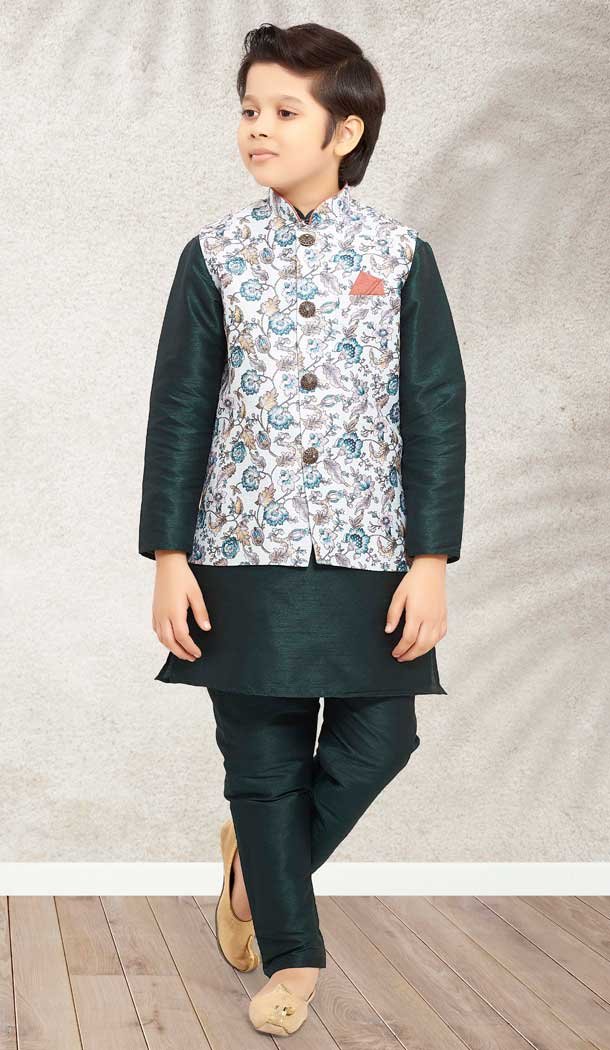 Banarasi Silk Green Color Digital Print Work Festive Wear Kids Kurta Pajama -4963158881