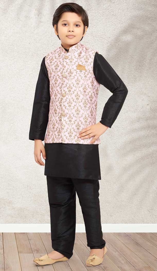 Black Color Banarasi Silk Digital Print Work Festive Wear Kids Kurta Pajama -4963158883
