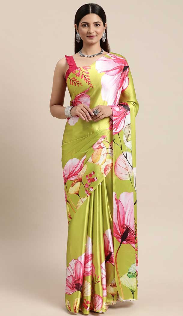 Party Wear Green Color Printed Satin Silk Casual Wear Saree -4974158941