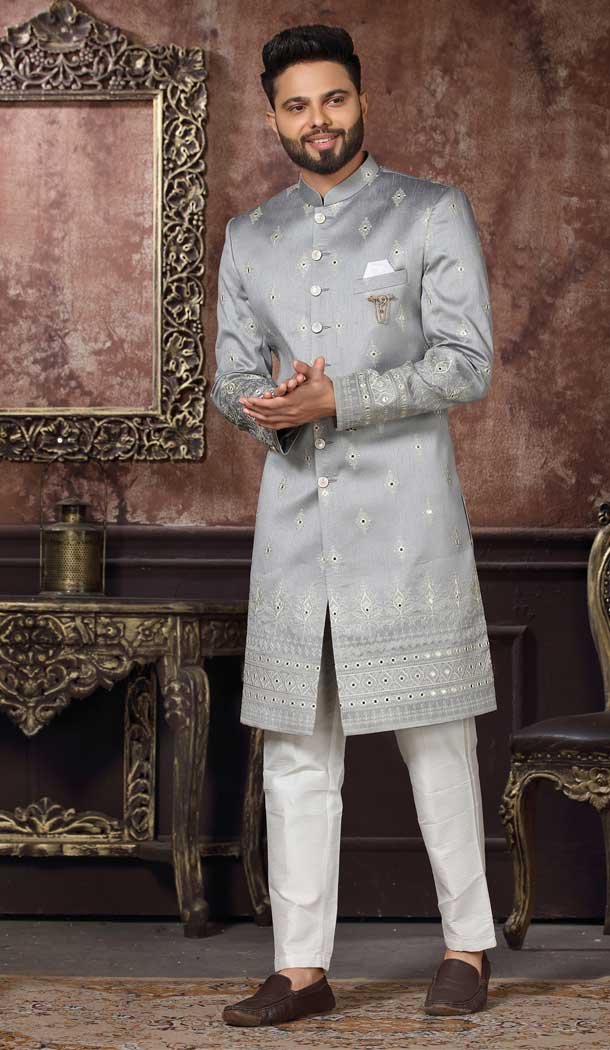 Wedding Wear Grey Color Jacquard Embroidery Work Wedding Wear Men's Indo Western -4980158994