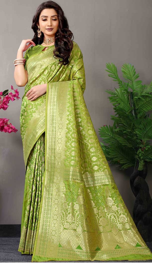 Green Color Zari Work Banarasi Silk Traditional Party Wear Saree Blouse -4983159037