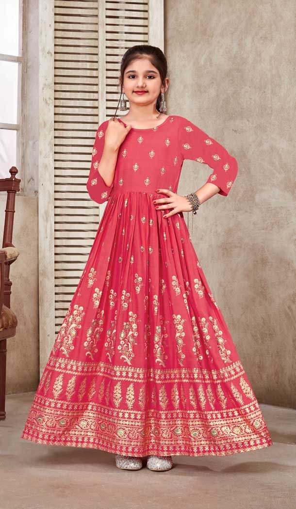 Peach Pink Color Rayon Foil Print Work Party Wear Readymade Kids Gown -5016159211