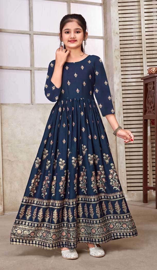 Navy Blue Color Rayon Foil Print Work Party Wear Readymade Kids Gown -5016159212