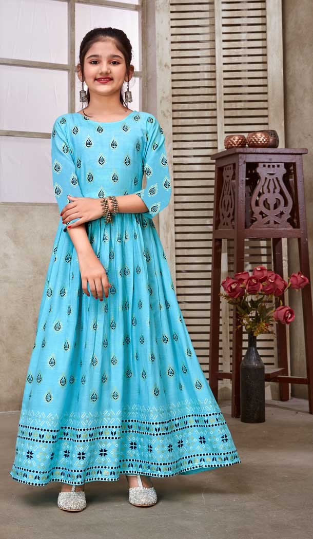 Sky Blue Color Rayon Foil Print Work Party Wear Readymade Kids Gown -5016159215