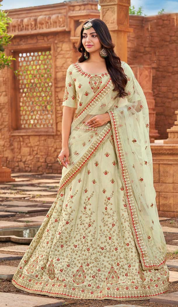 Mint Green Color Malai Satin Embroidery Work Wedding Wear Lehenga Choli -5020159239
