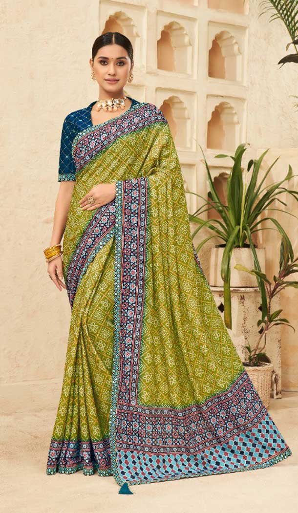 Green Color Chinon Digital Print Mirror Work Party Wear Saree Blouse -5021159244