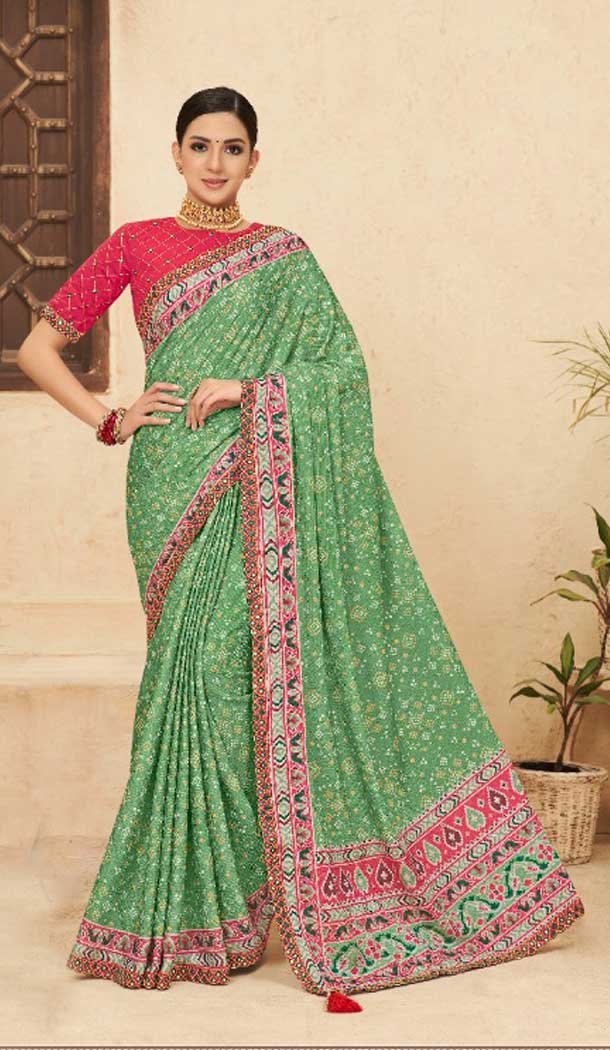 Sea Green Color Chinon Digital Print Mirror Work Party Wear Saree Blouse -5021159246