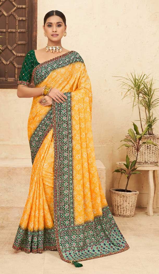 Yellow Color Chinon Digital Print Mirror Work Party Wear Saree Blouse -5021159247