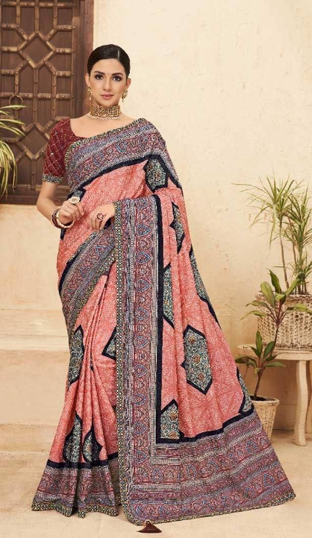 Peach Color Chinon Digital Print Mirror Work Party Wear Saree Blouse -5021159248