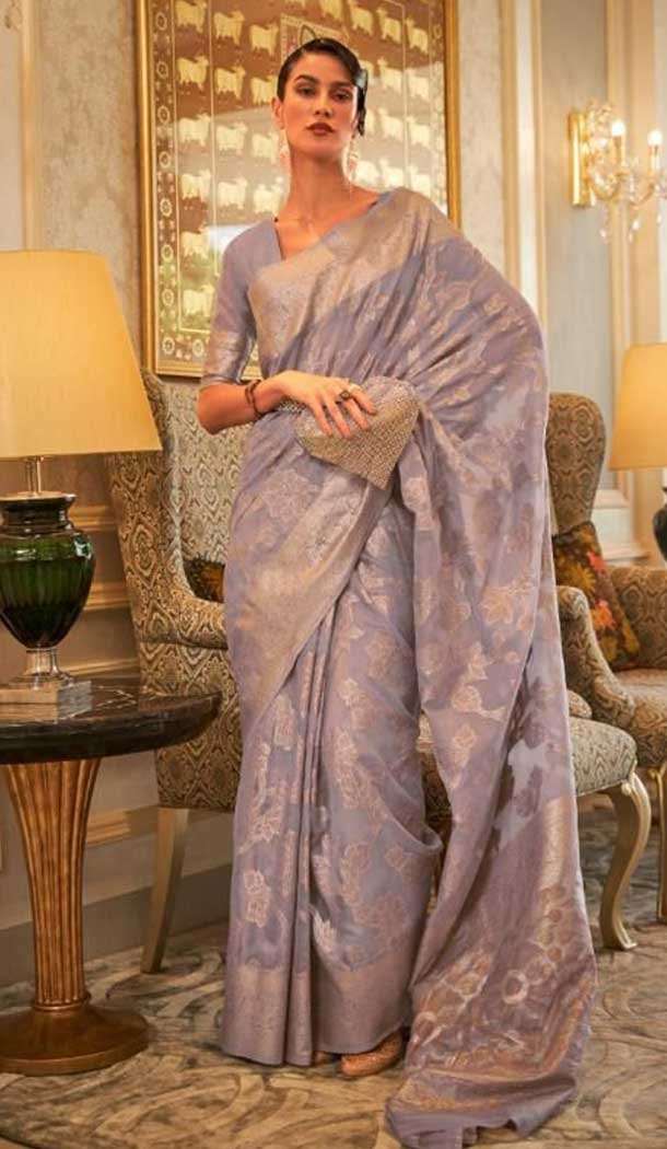 Light Purple Color Zari Work Modal Handloom Weaving Party Wear Plus Size Saree -5022159253