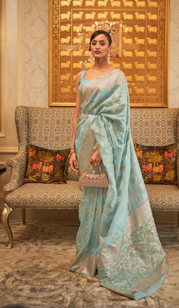 Sky Blue Color Zari Work Modal Handloom Weaving Party Wear Plus Size Saree -5022159254