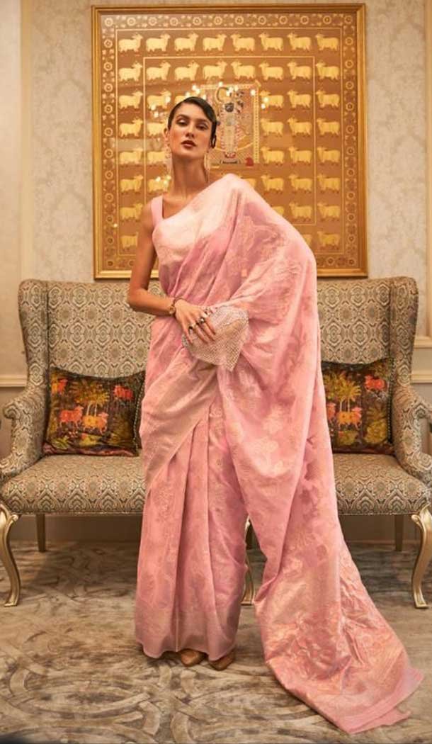 Light Pink Color Zari Work Modal Handloom Weaving Party Wear Plus Size Saree -5022159255