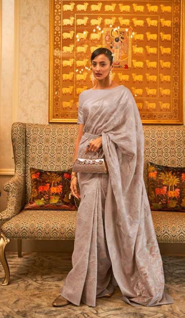 Grey Color Zari Work Modal Handloom Weaving Party Wear Plus Size Saree -5022159256