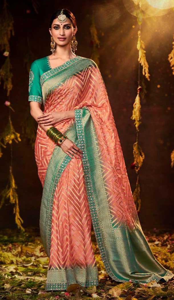 Digital Print And Zari Work Peach Color Silk Bandhej Designer Wear Saree -5023159265