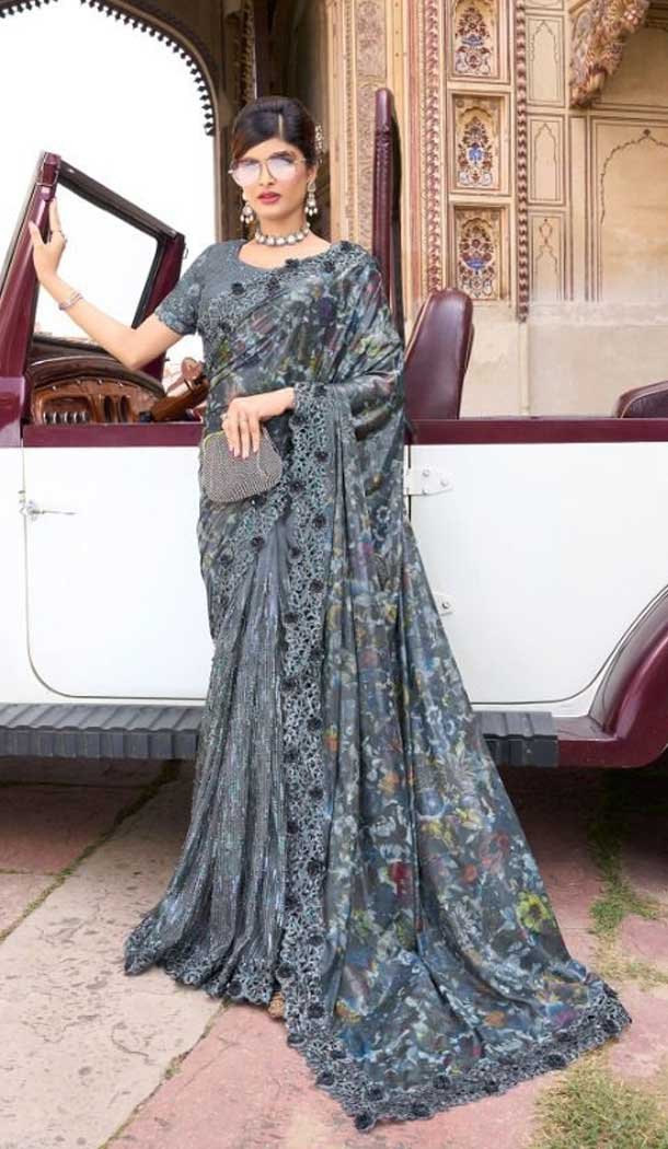 Grey Color Imported Embroidery And Sequence Work Party Wear Designer Saree -5033159369