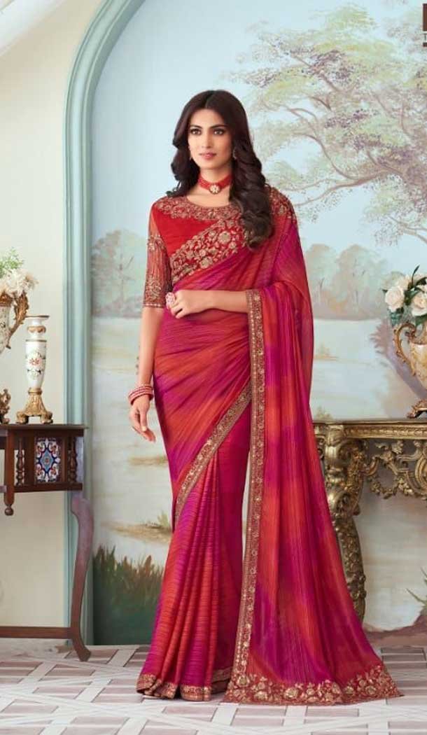 Red Color Shimmer Silk Embroidery Work Party Wear Designer Saree -5025159273