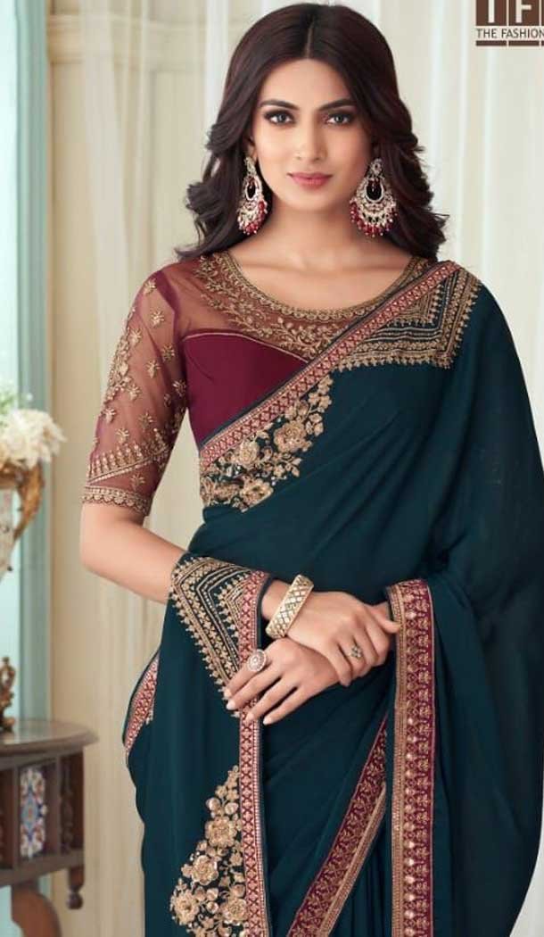 Navy Blue Color Milano Silk Embroidery Work Party Wear Designer Saree -5025159274