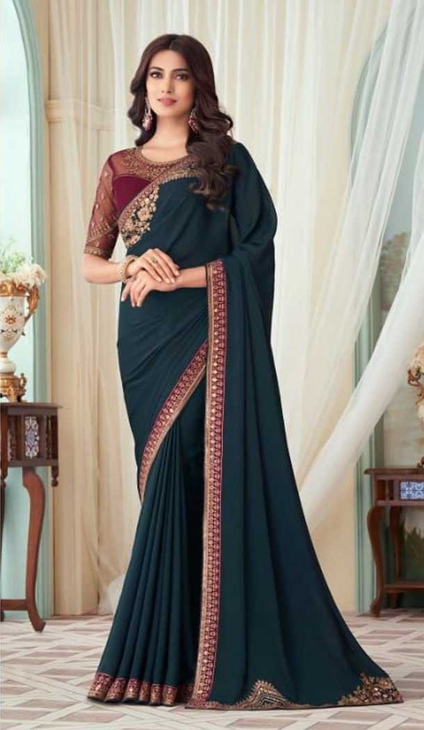 Navy Blue Color Milano Silk Embroidery Work Party Wear Designer Saree -5025159274