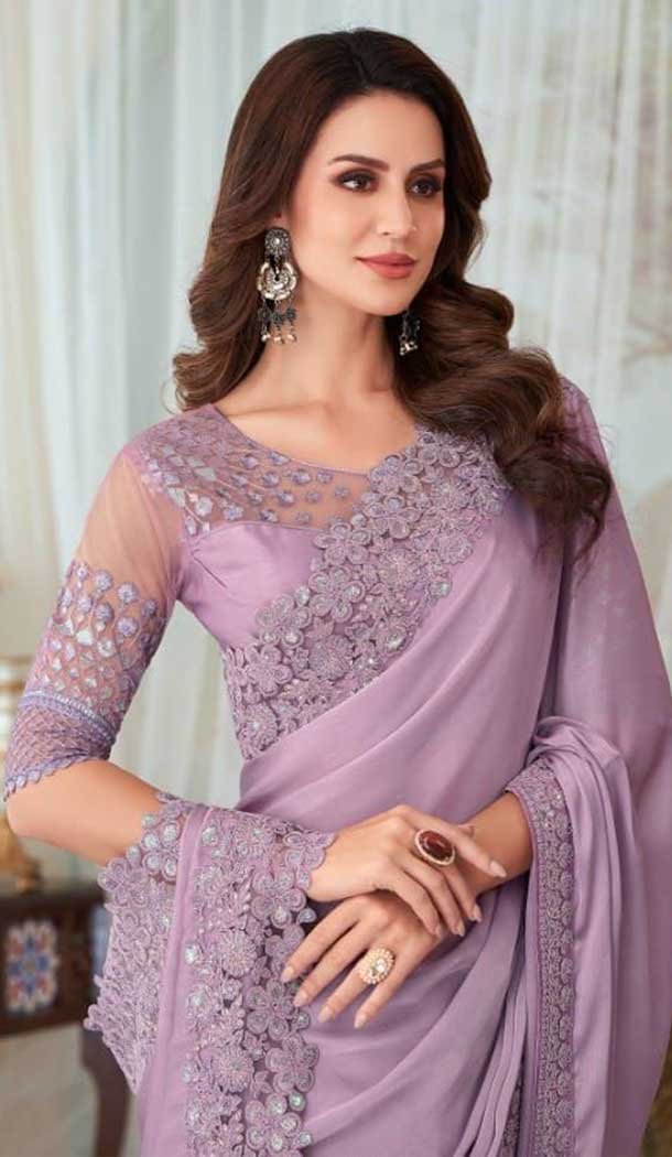 Light Purple Color Glorious Silk Embroidery Work Party Wear Designer Saree -5025159275