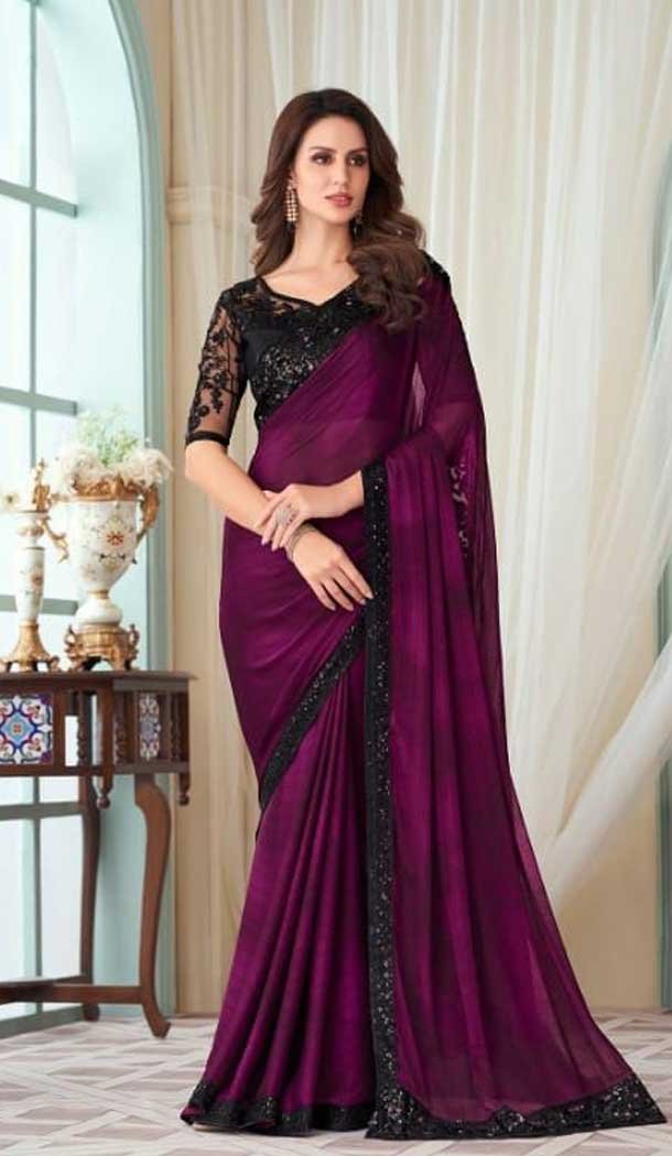 Wine Color Burberry Silk Embroidery Work Party Wear Designer Saree -5025159276