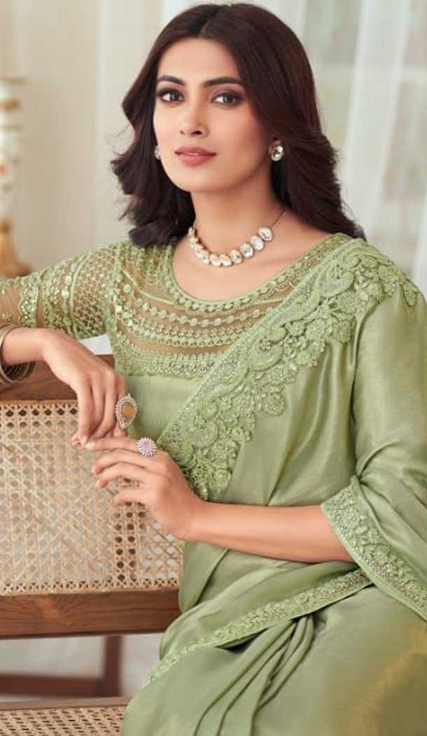 Olive Green Color Oracle Silk Embroidery Work Party Wear Designer Saree -5025159277