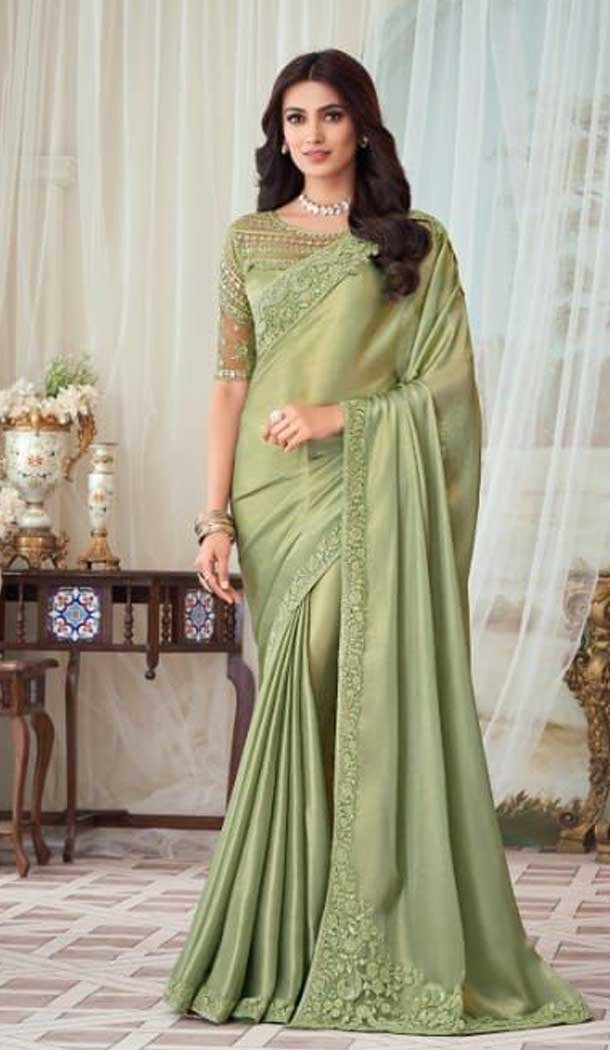 Olive Green Color Oracle Silk Embroidery Work Party Wear Designer Saree -5025159277