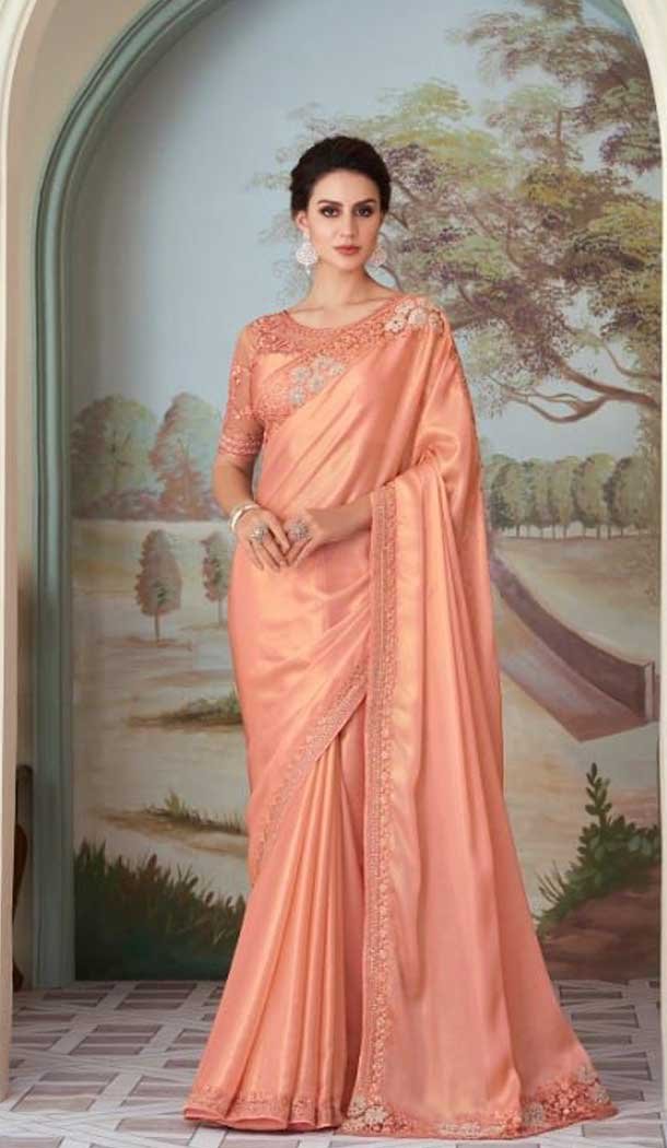 Peach Color Oracle Silk Embroidery Work Party Wear Designer Saree -5025159278