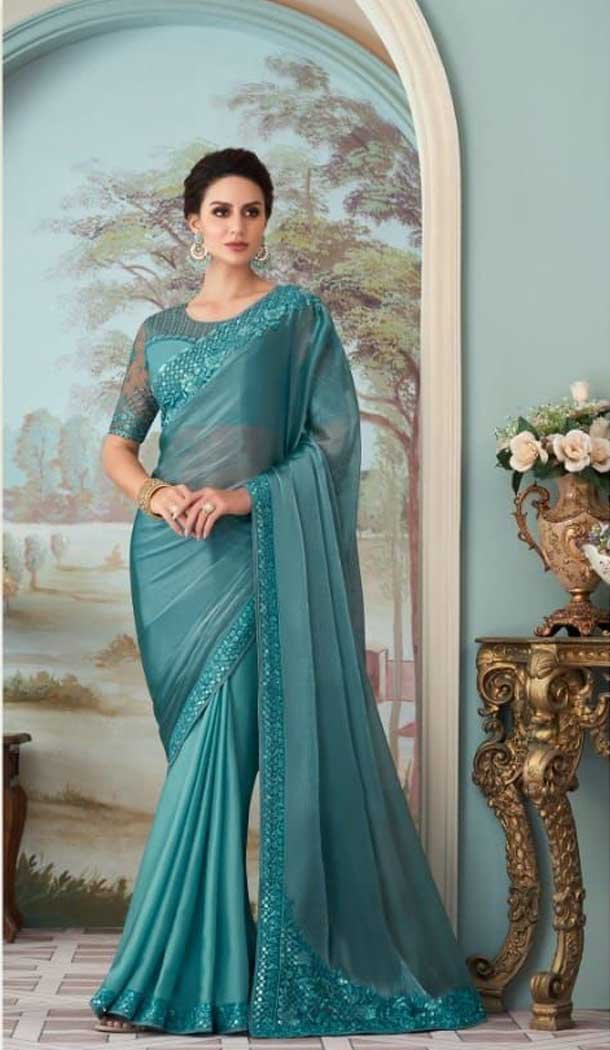 Sky Blue Color Glass Silk Embroidery Work Party Wear Designer Saree -5025159279