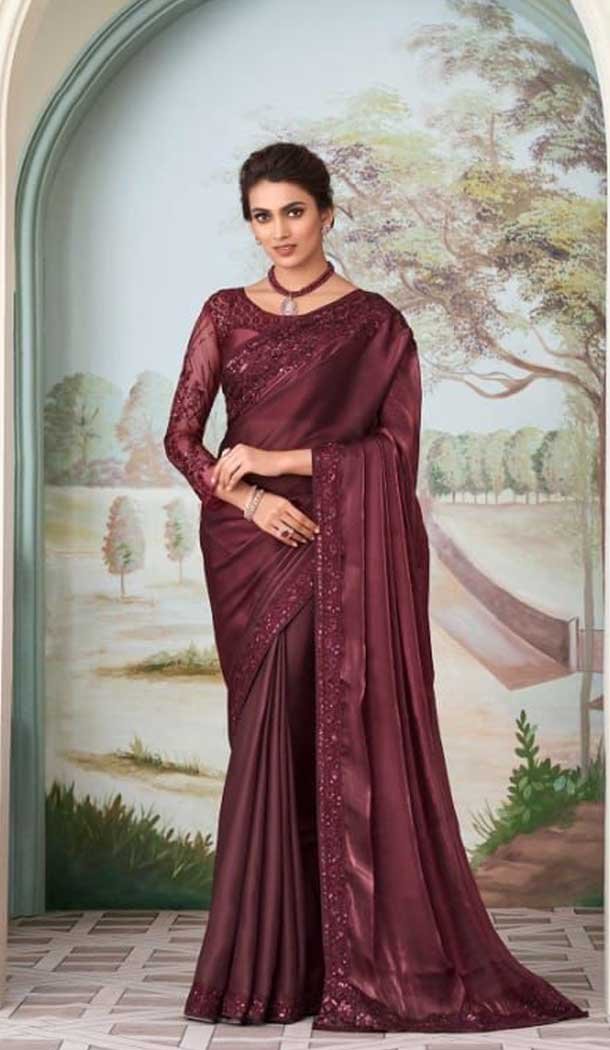 Dark Wine Color Gucci Silk Embroidery Work Party Wear Designer Saree -5025159280