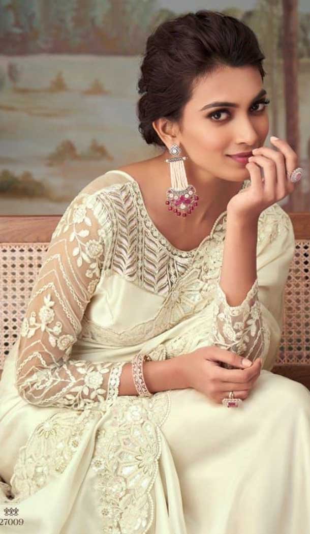Cream Color Glorious Silk Embroidery Work Party Wear Designer Saree -5025159281
