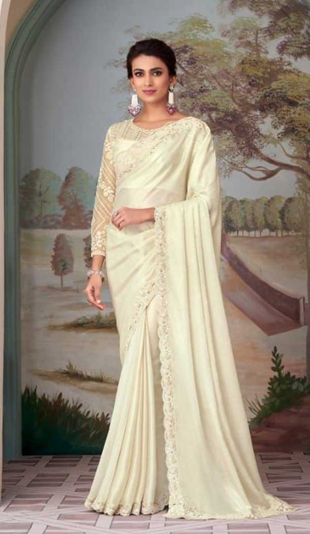 Cream Color Glorious Silk Embroidery Work Party Wear Designer Saree -5025159281