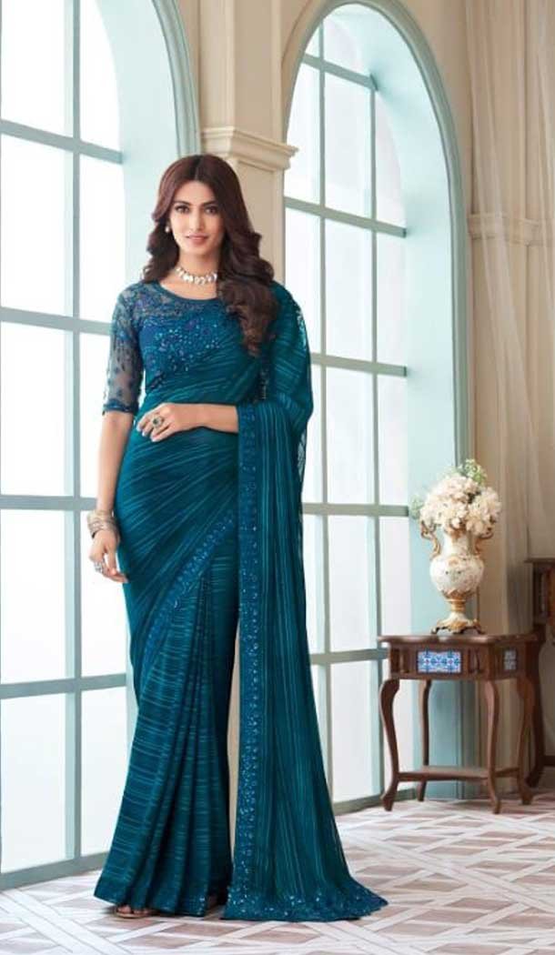 Blue Color Rainbow Silk Embroidery Work Party Wear Designer Saree -5025159282