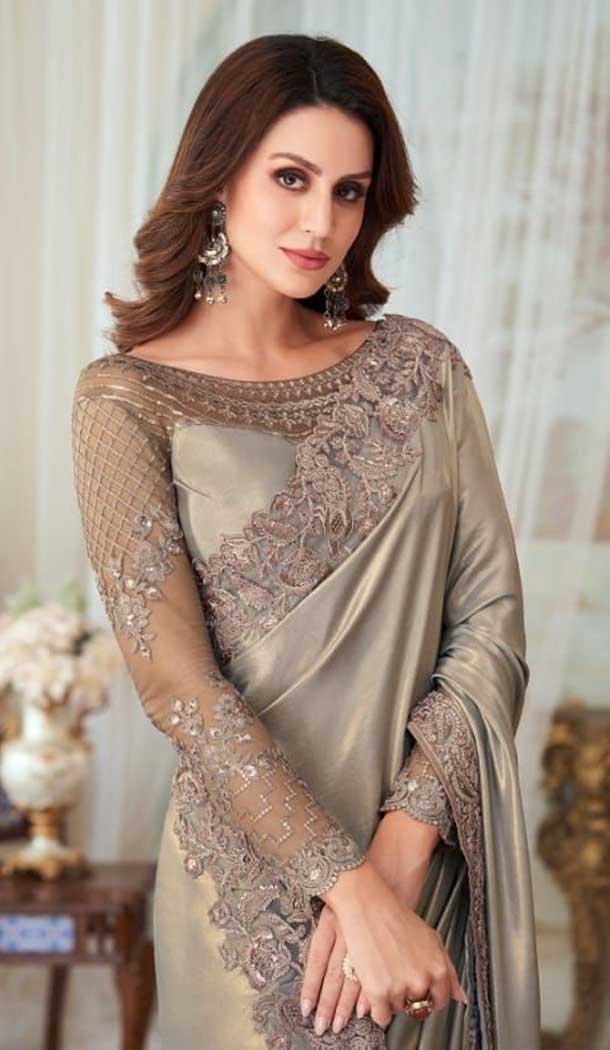 Grey Color Oracle Silk Embroidery Work Party Wear Designer Saree -5025159283