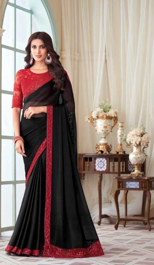 Black Color Glass Silk Embroidery Work Party Wear Designer Saree -5025159284