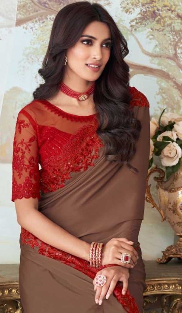 Brown Color Milano Silk Embroidery Work Party Wear Designer Saree -5025159285