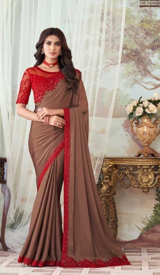 Brown Color Milano Silk Embroidery Work Party Wear Designer Saree -5025159285