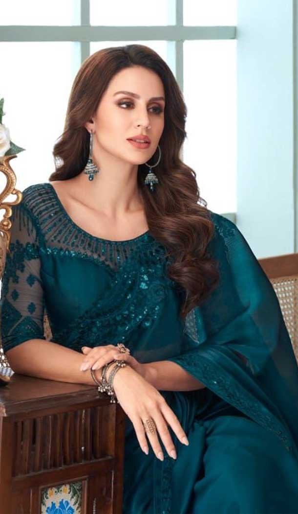 Blue Color Glass Silk Embroidery Work Party Wear Designer Saree -5025159286