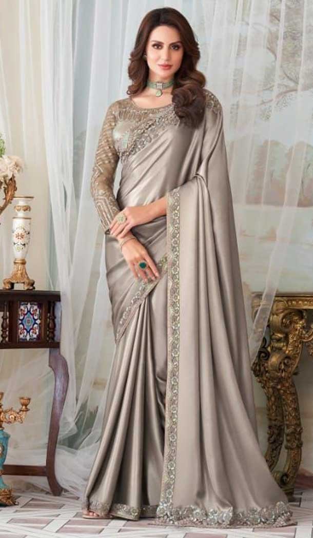 Oracle Silk Grey Green Color Embroidery Work Party Wear Designer Saree -5025159288