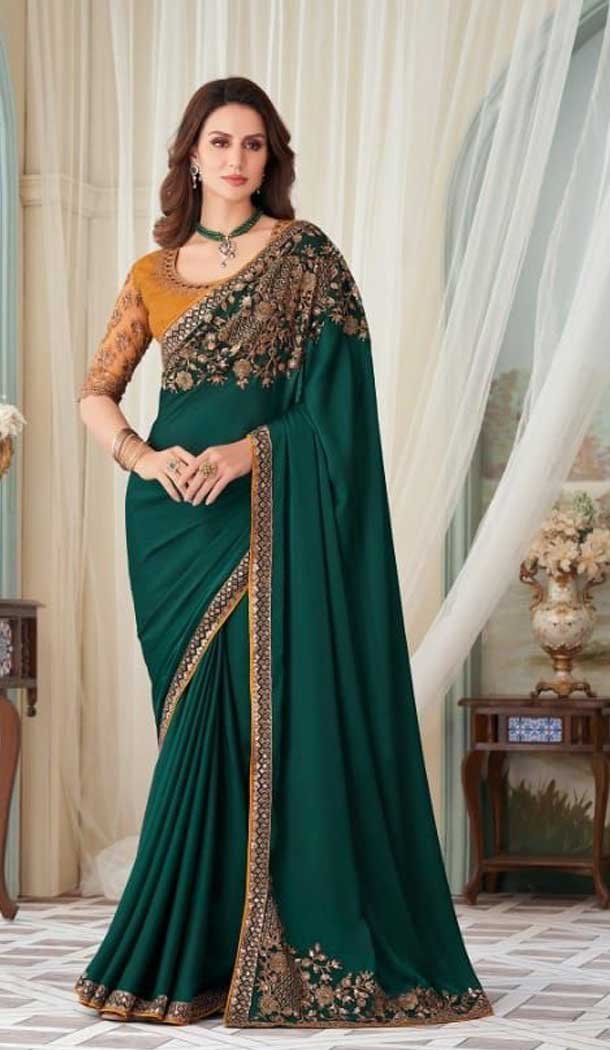 Bottle Green Color Milano Silk Embroidery Work Party Wear Designer Saree -5025159289